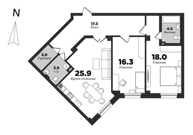 Royal Park, Корпус 1, 2 спальни, 89.2 м² | планировка элитных квартир Санкт-Петербурга | М16